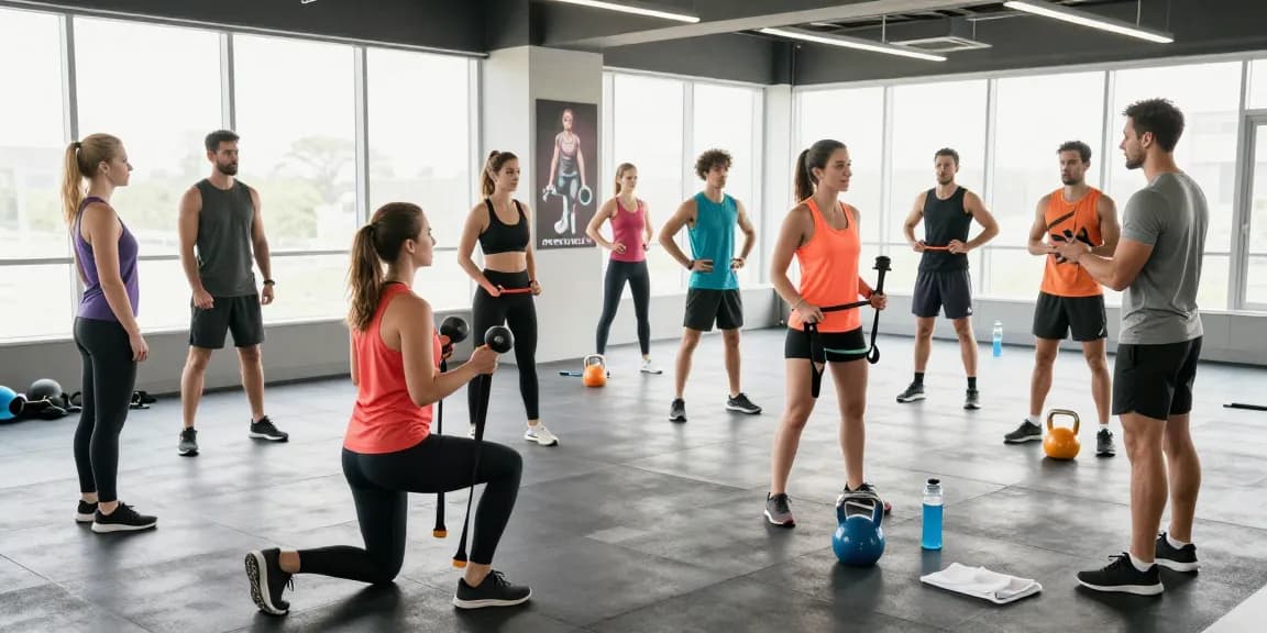 Aktive Fitnessgemeinschaft im Selliza Shop, dynamische Gruppenübung mit persönlichem Trainer im modernen Gym.