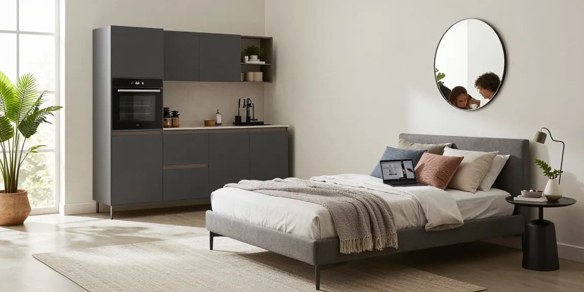 Stylisches Wohnzimmer mit Zele-Einzelbett und Küchenzeile, das zeigt, wie man Möbel direkt für ein modernes Zuhause bestellt.