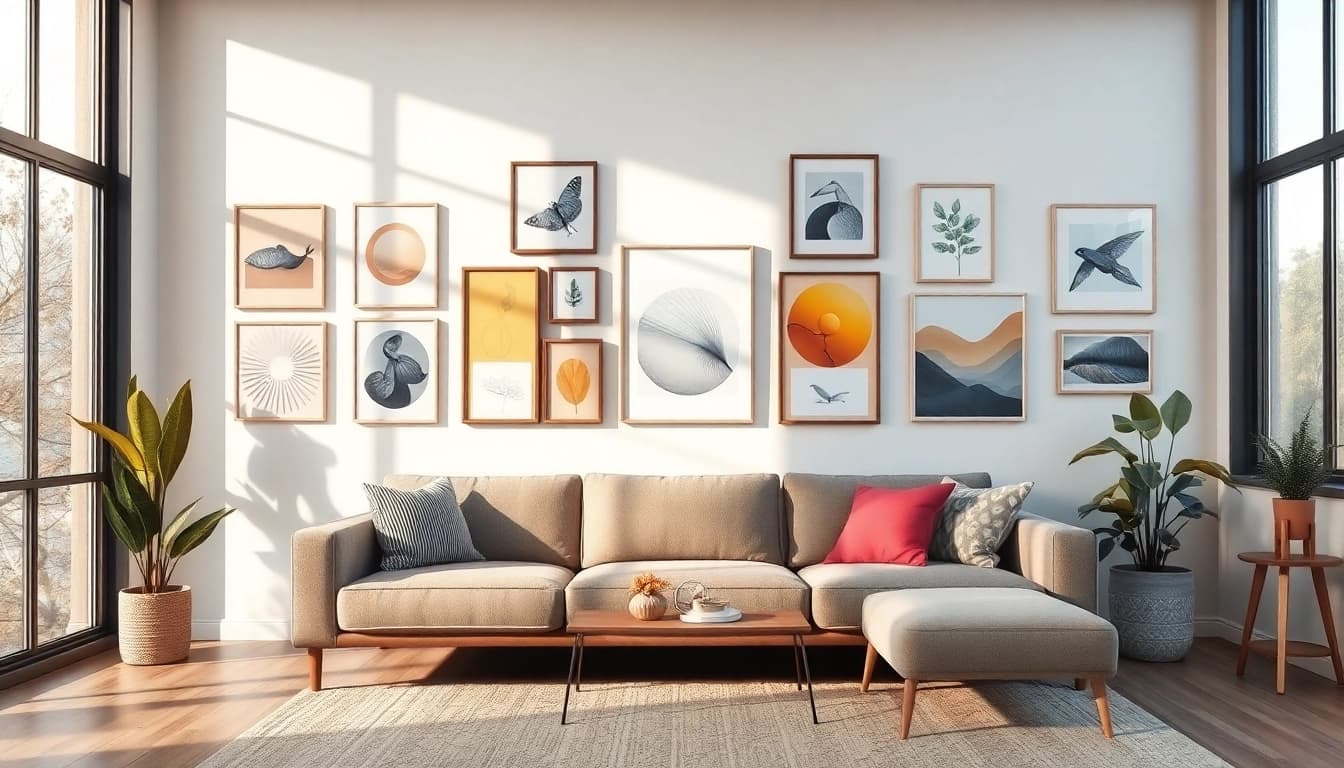 Wandbilder im stilvollen Wohnraum schaffen eine einladende Atmosphäre.