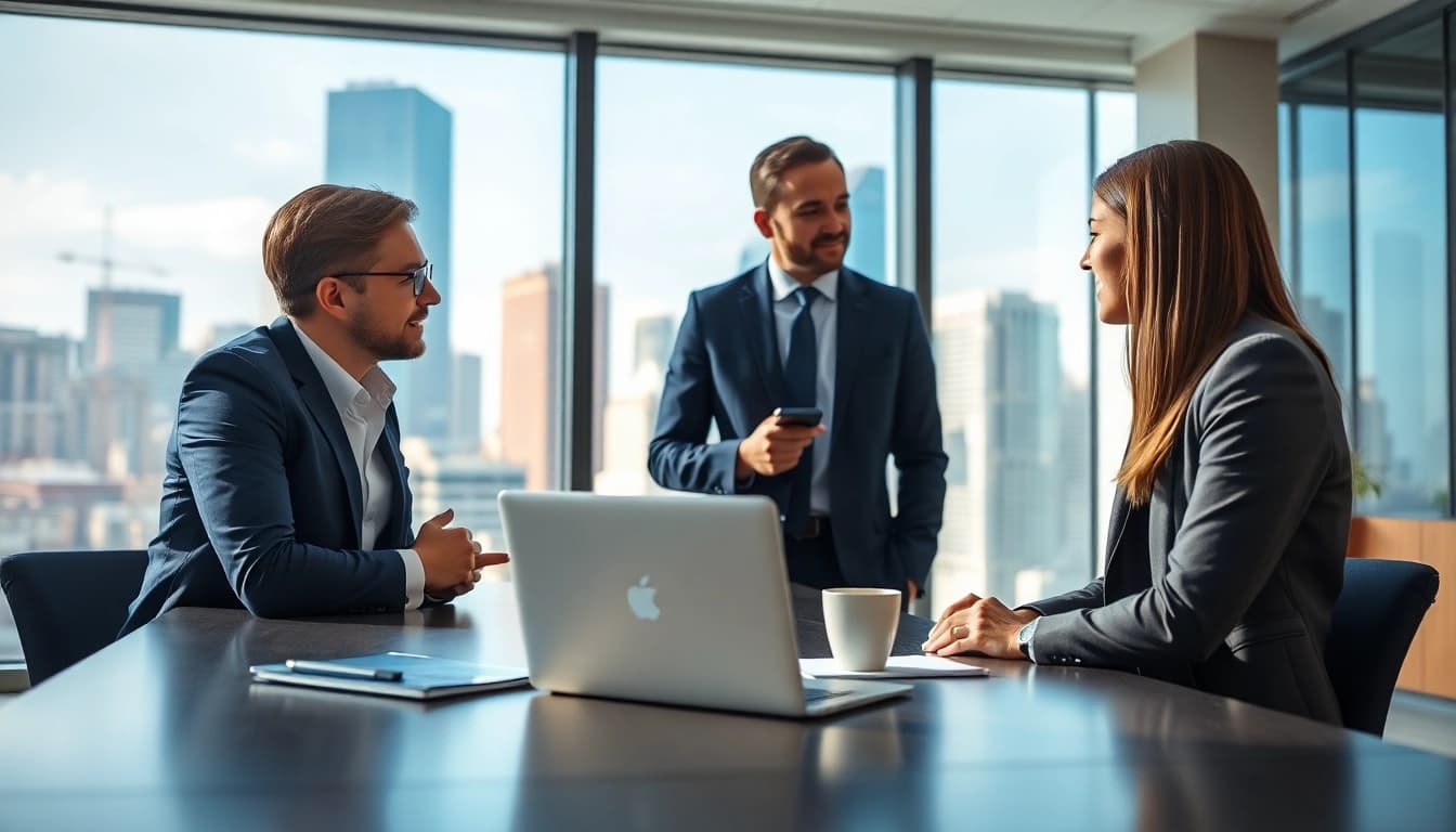 Headhunter Schweiz im Büro, interagiert mit einem Kandidaten in einem professionellen Rahmen.