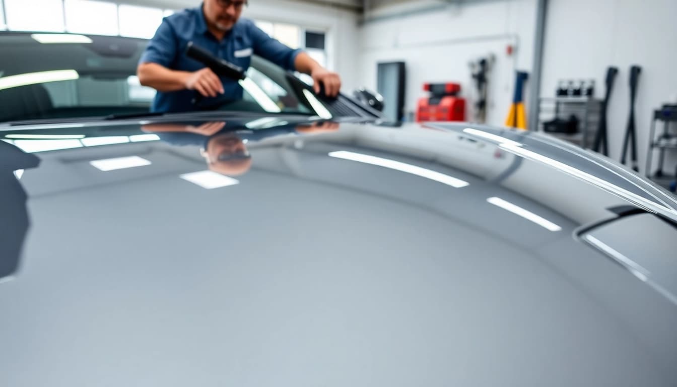 Transparente Lackschutzfolie (PPF) anbringen lassen, Montageprozess auf Luxusfahrzeug in moderner Werkstatt.