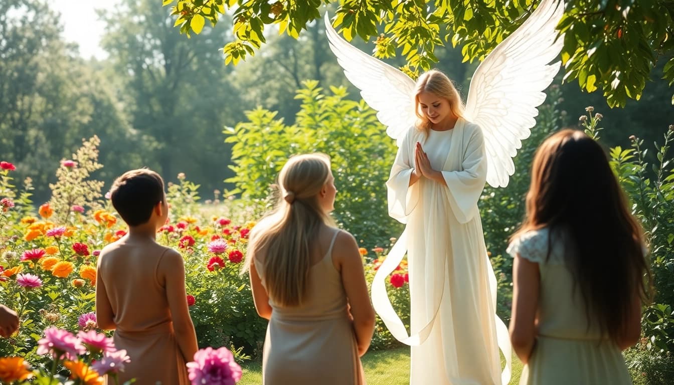 Engelarbeit lernen in einer harmonischen Gartenlandschaft mit einem Engel, der Menschen anleitet.