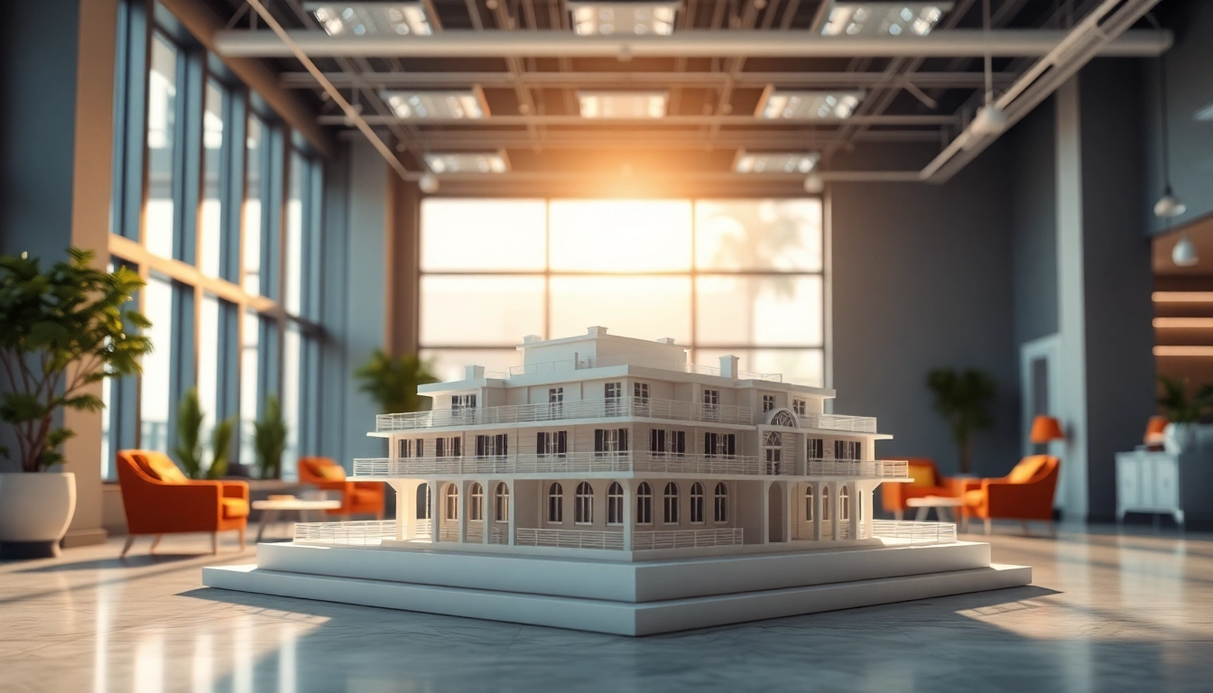 3D Visualisierung eines architektonischen Modells in einem modernen Büroumfeld