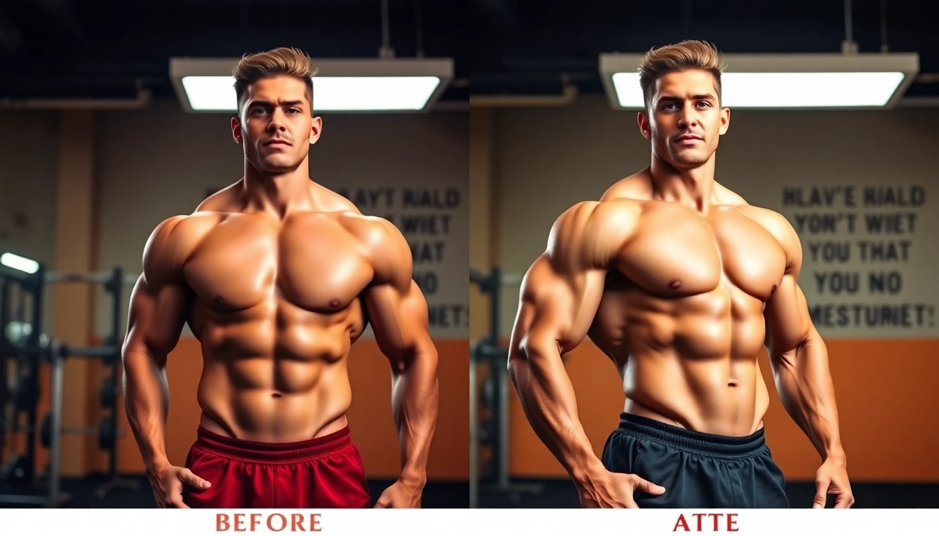 Testo vorher nachher Ergebnisse in einem motivierenden Fitness-Umfeld gezeigt.