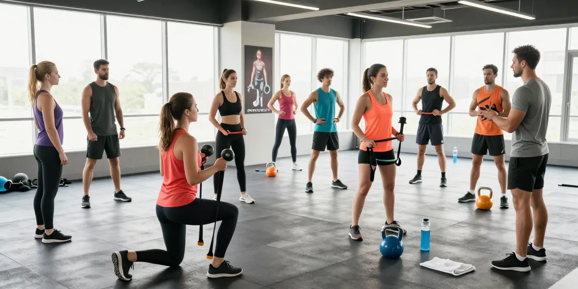 Aktive Fitnessgemeinschaft im Selliza Shop, dynamische Gruppenübung mit persönlichem Trainer im modernen Gym.
