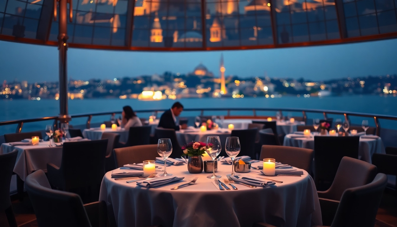 Bosphorus dinner cruise with elegant dining setup overlooking Istanbul's night skyline