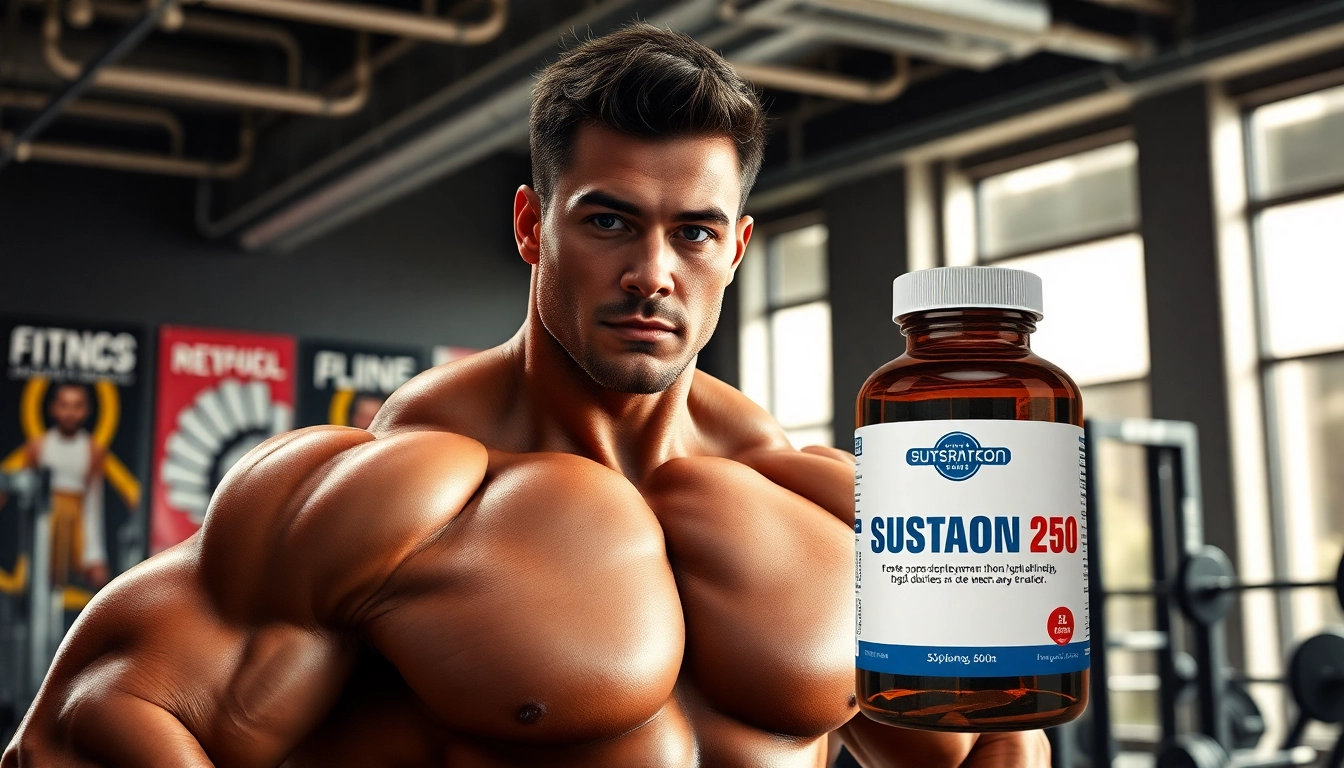 Sustanon 250 kaufen – bodybuilder showcasing muscle definition and fitness in a vibrant gym