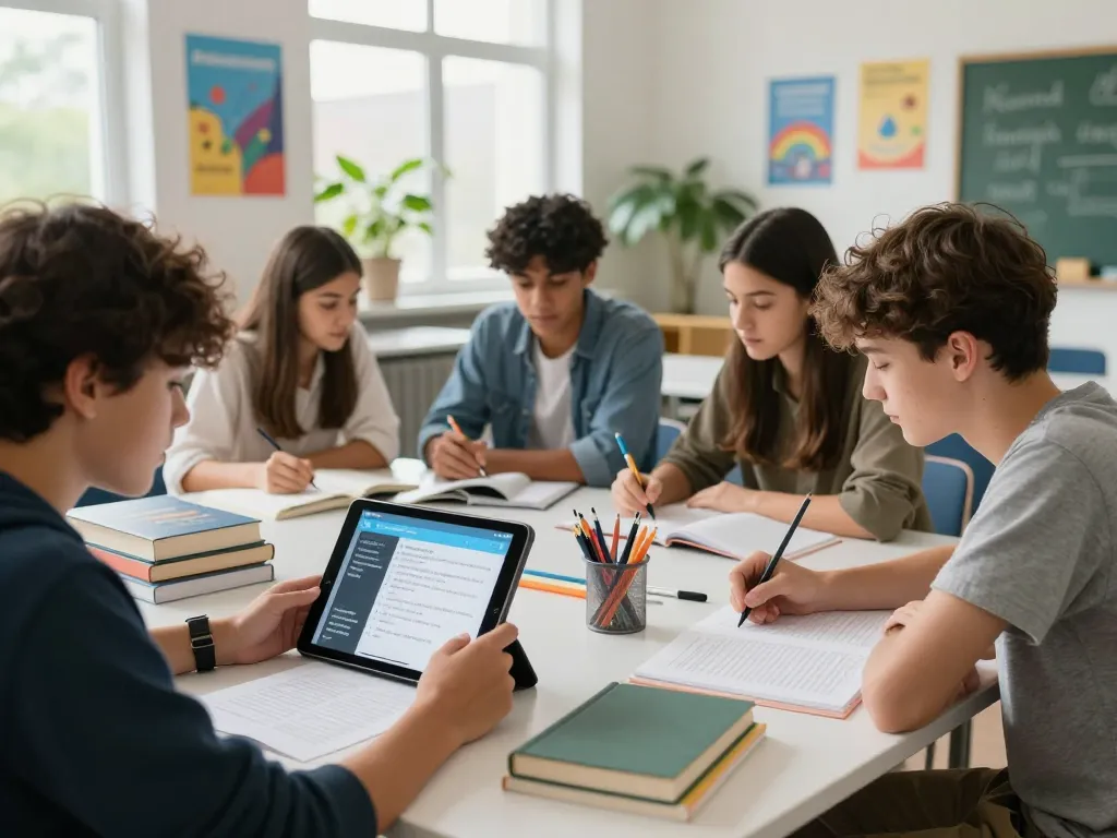 Schüler, die in einem hellen Klassenraum zusammenarbeiten und eine Hausaufgaben Scanner-App nutzen.