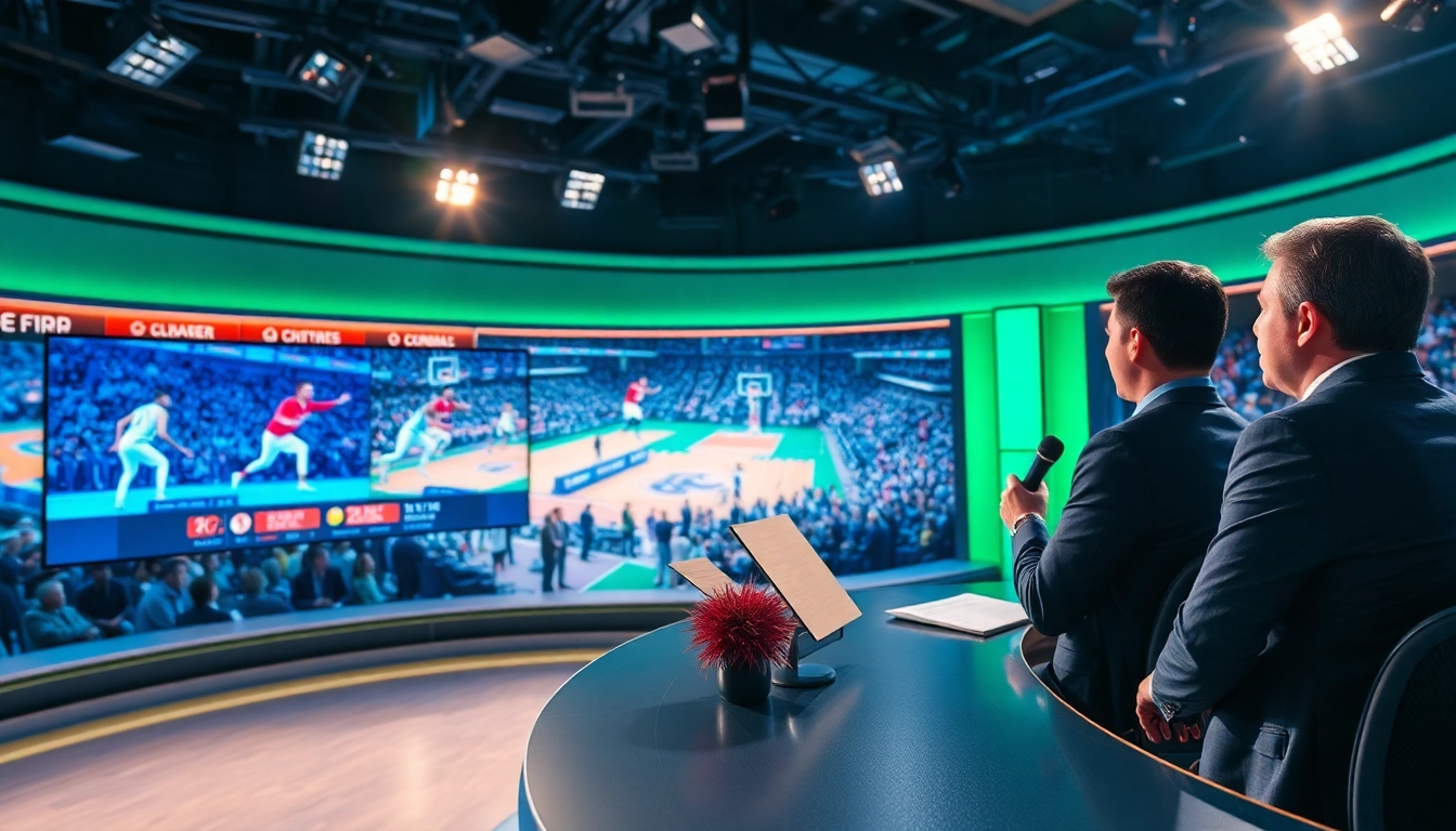 Engaging hosts in a modern sports broadcasting studio discussing Sports Broadcasting highlights.