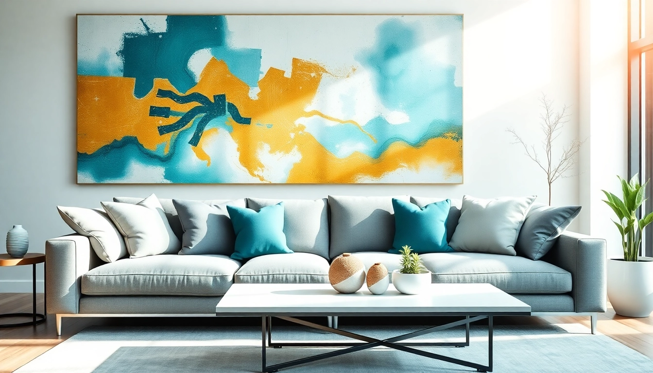 Wandbilder im modernen Wohnzimmer mit stilvollem Sofa und eleganten Akzenten.
