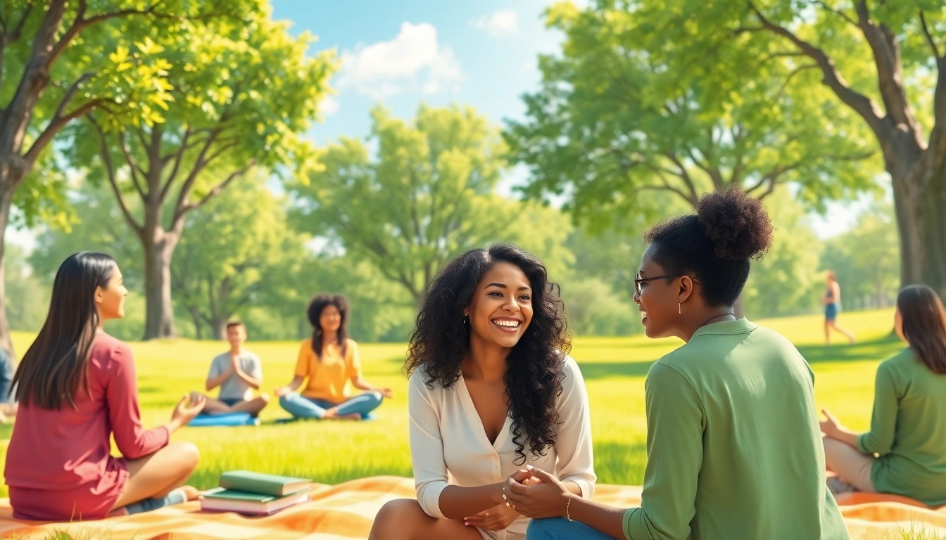 Illustration promoting mental health awareness through supportive conversations in nature.