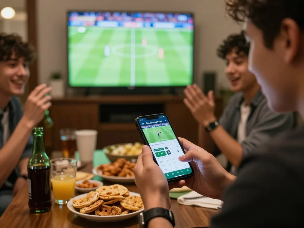Engaging in kèo bóng đá trực tuyến while enjoying a live football match with friends in a cozy environment