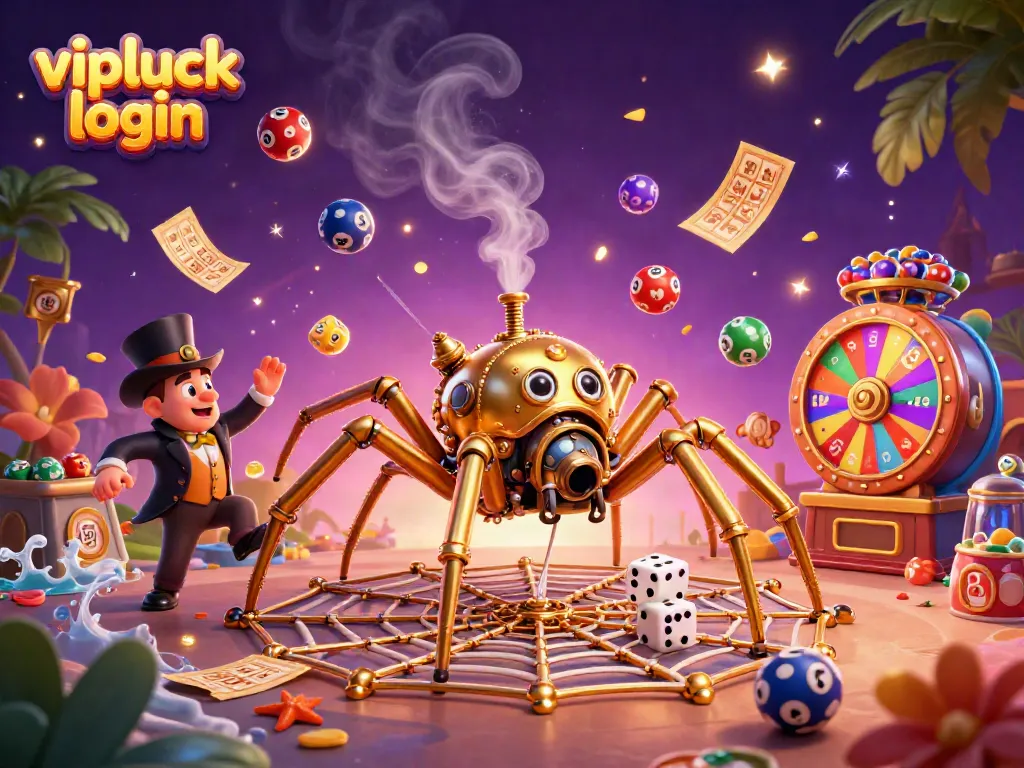 Engage with the exciting vipluck login on a colorful casino illustration featuring dynamic lottery elements.