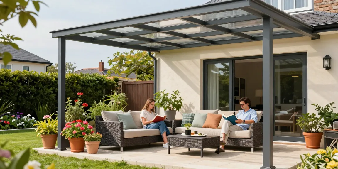 Moderne Terrassenüberdachungen mit gemütlichen Sitzgelegenheiten im Garten, einladende Atmosphäre