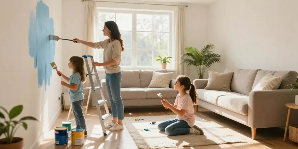 Familie beim Home-Improvement-Projekt auf https://www.eigenheim-blog.com/ in einem gemütlichen Wohnzimmer mit frischen Farben.