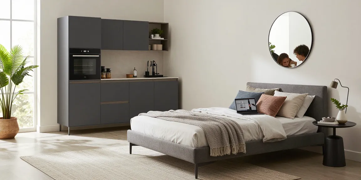 Stylisches Wohnzimmer mit Zele-Einzelbett und Küchenzeile, das zeigt, wie man Möbel direkt für ein modernes Zuhause bestellt.