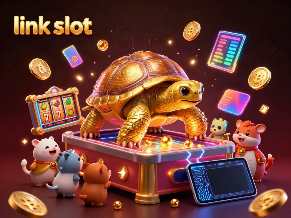 Experience the excitement of link slot with vibrant animated scenes featuring slot games and crypto elements.