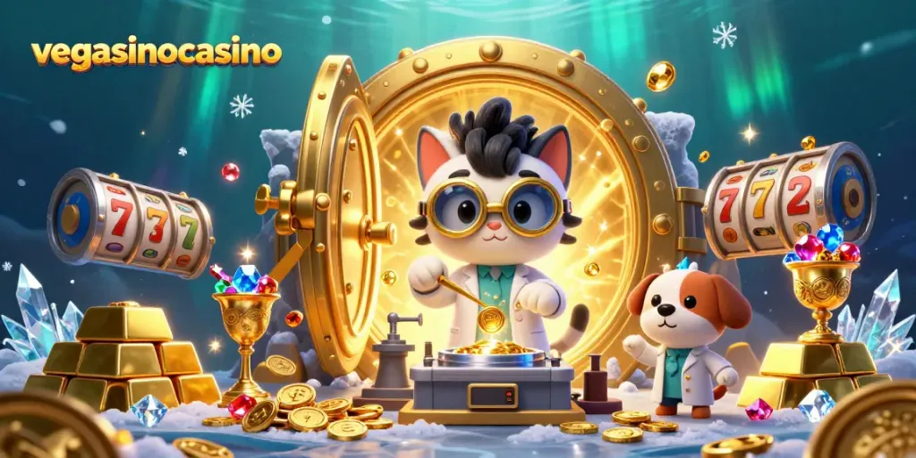 Experience the excitement of vegasinocasino with golden treasures and slot reels in a vibrant scene.