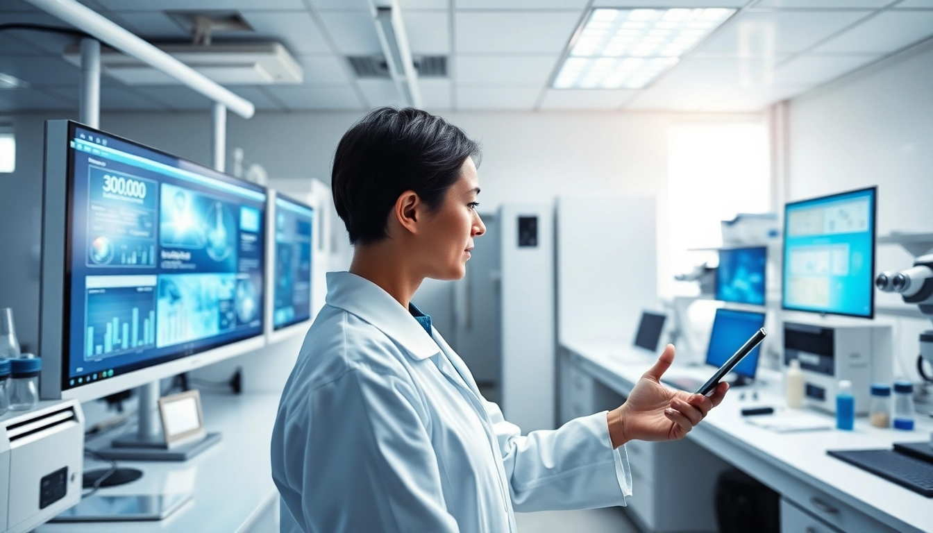 Digitale Loesungen in einem modernen Labor mit fortschrittlicher Technologie und interaktiven Bildschirmen.