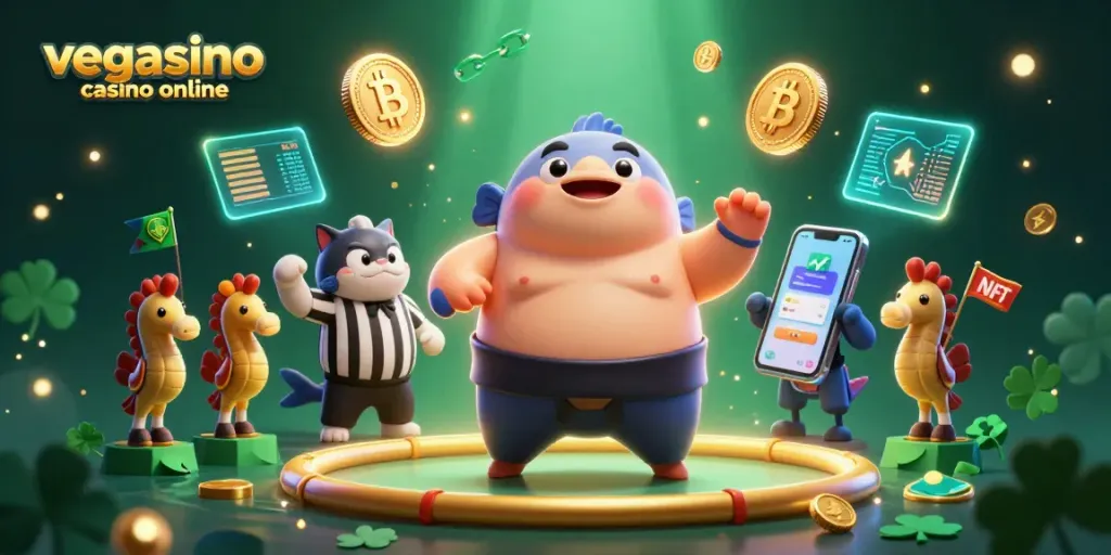 Play exciting games at vegasino casino online with vibrant 3D characters and neon crypto elements.