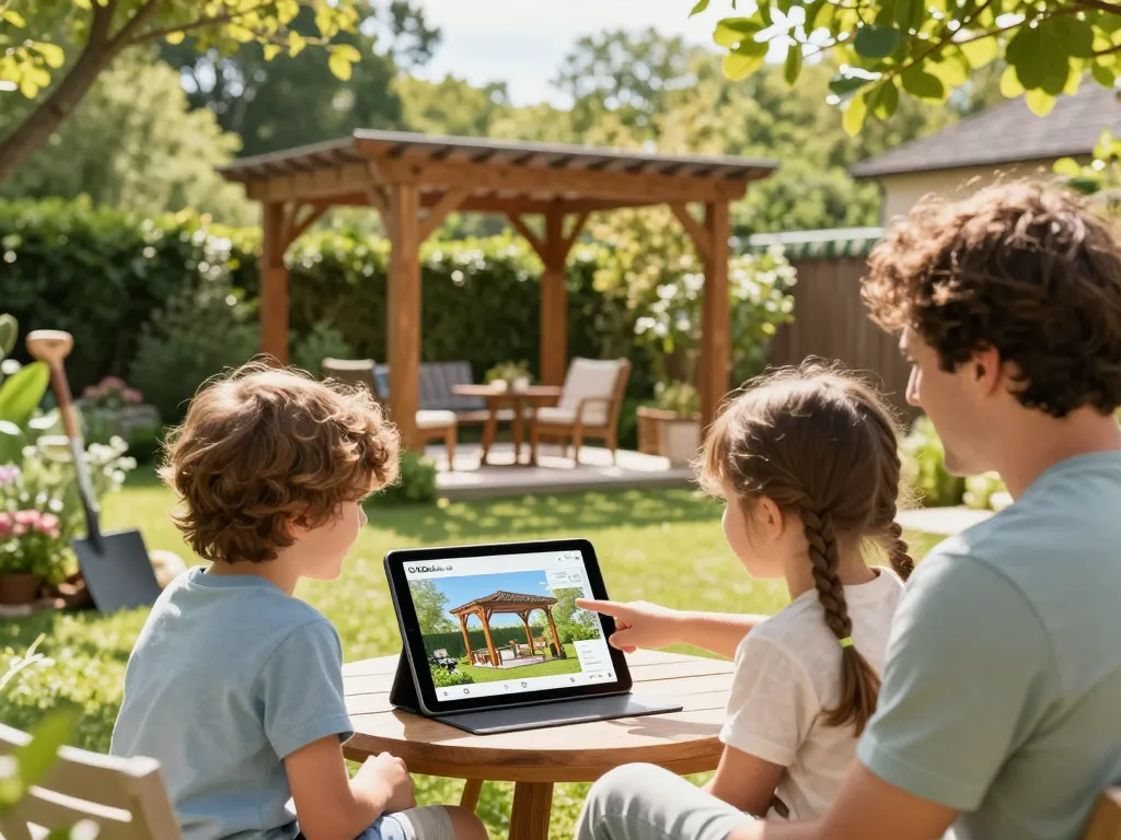 Fesselnde Familie nutzt einen Pergola Konfigurator 3D in einer einladenden Gartenumgebung, die maßgeschneiderte Pergoladesigns zeigt.
