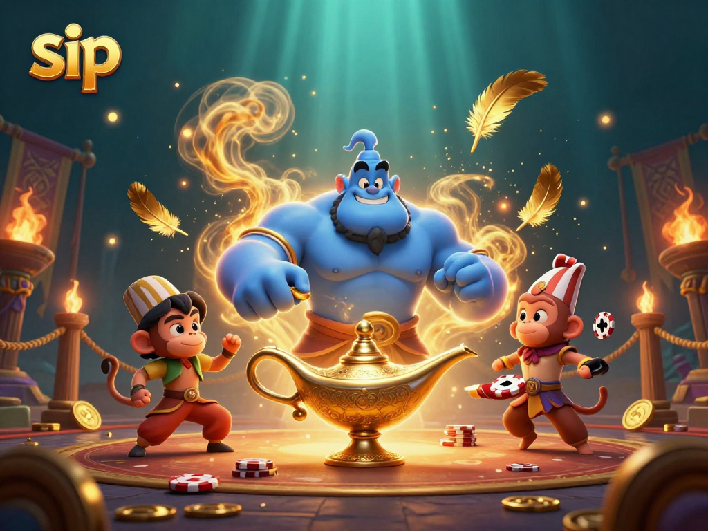 Sip your way to victory with a vibrant casino scene filled with a magical genie and poker elements.