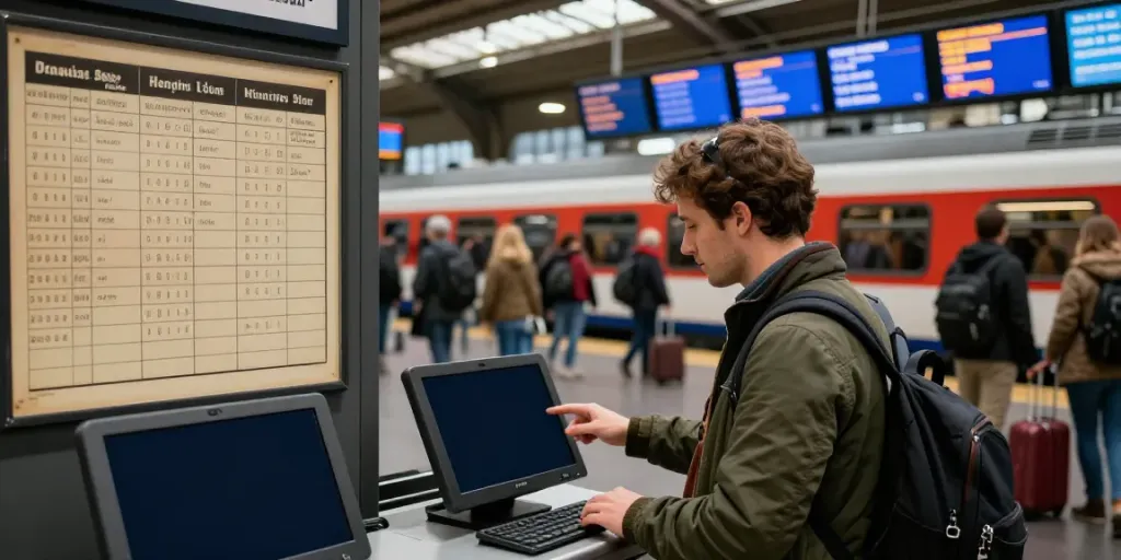 Last-Minute-Zugtickets nutzen, um spontan zu reisen, während Reisende am Bahnhof unterwegs sind.