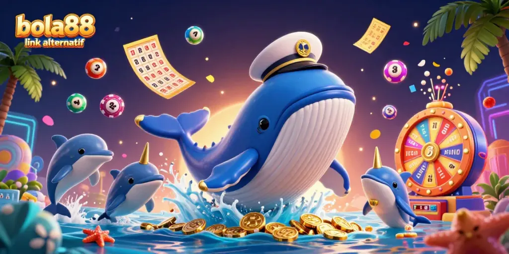 Bets at BOLA88 link alternatif with an exciting whale, narwhal, and playful dolphins amid vibrant game elements.