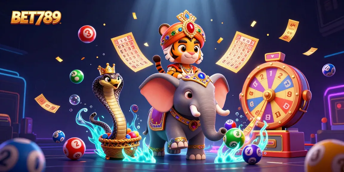 Win big at BET789 with a vibrant 3D casino scene showcasing lottery excitement and dynamic game elements.