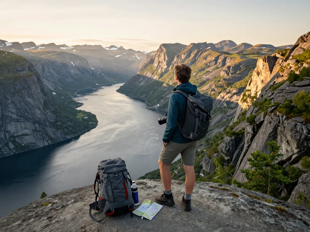 Urlaub in Skandinavien genießen mit Blick auf die atemberaubenden norwegischen Fjorde bei Sonnenuntergang.