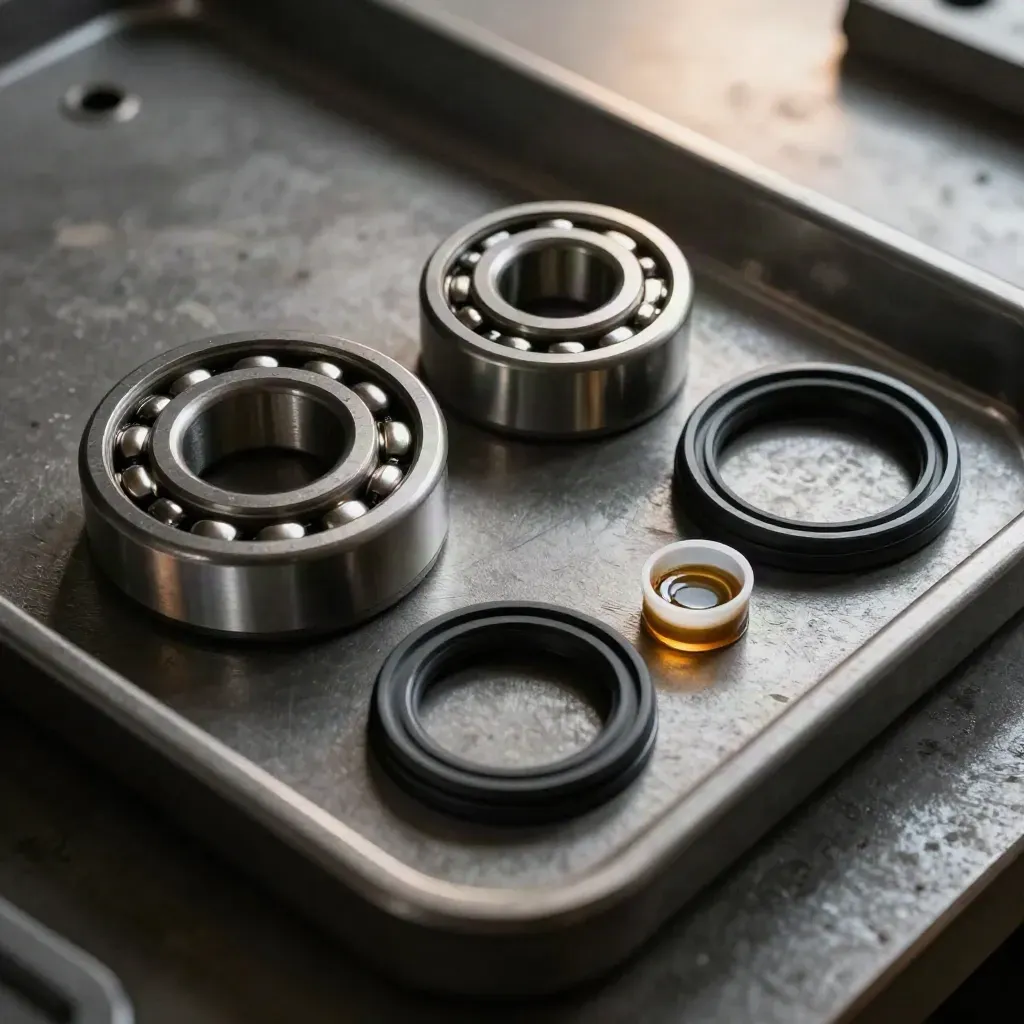 Wartungskit mit Lager, Hülse, Dichtung und Schmierbecher auf dunkler Metallschale.