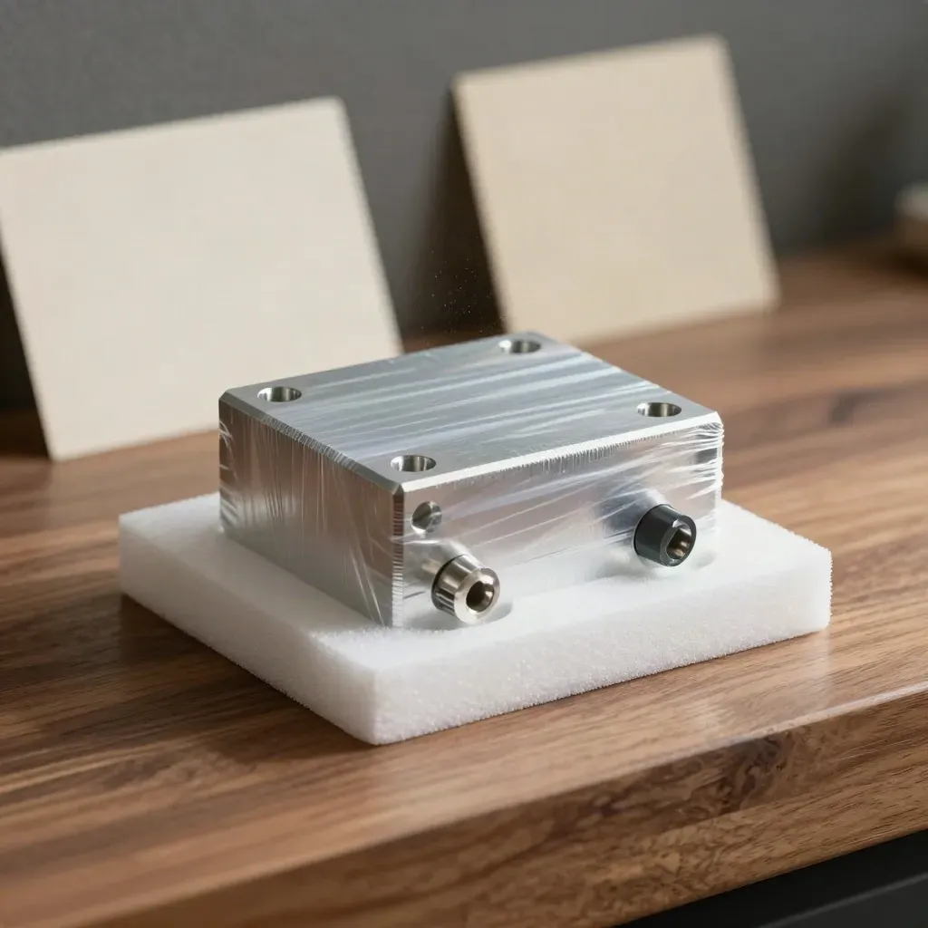 Alu-Prototyp in Schaumkassette, halb aus Schutzfolie, mit feinem Staub und Werkstattlicht