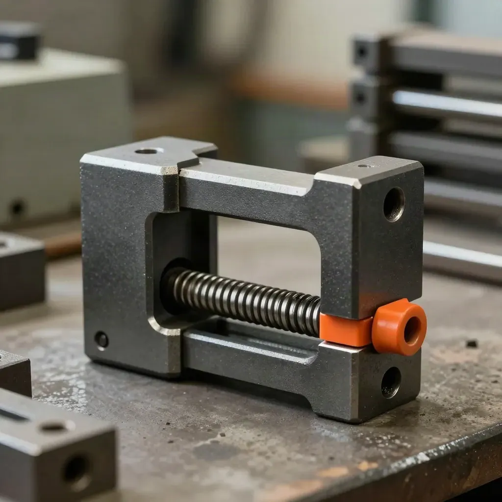 Spannrahmen aus Stahl mit Klemmblöcken und Spannstangen im Werkstattlicht