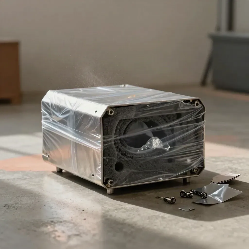 Prototypgehäuse mit Schaumstoffeinlage und Schutzfolie auf Beton im Werklicht