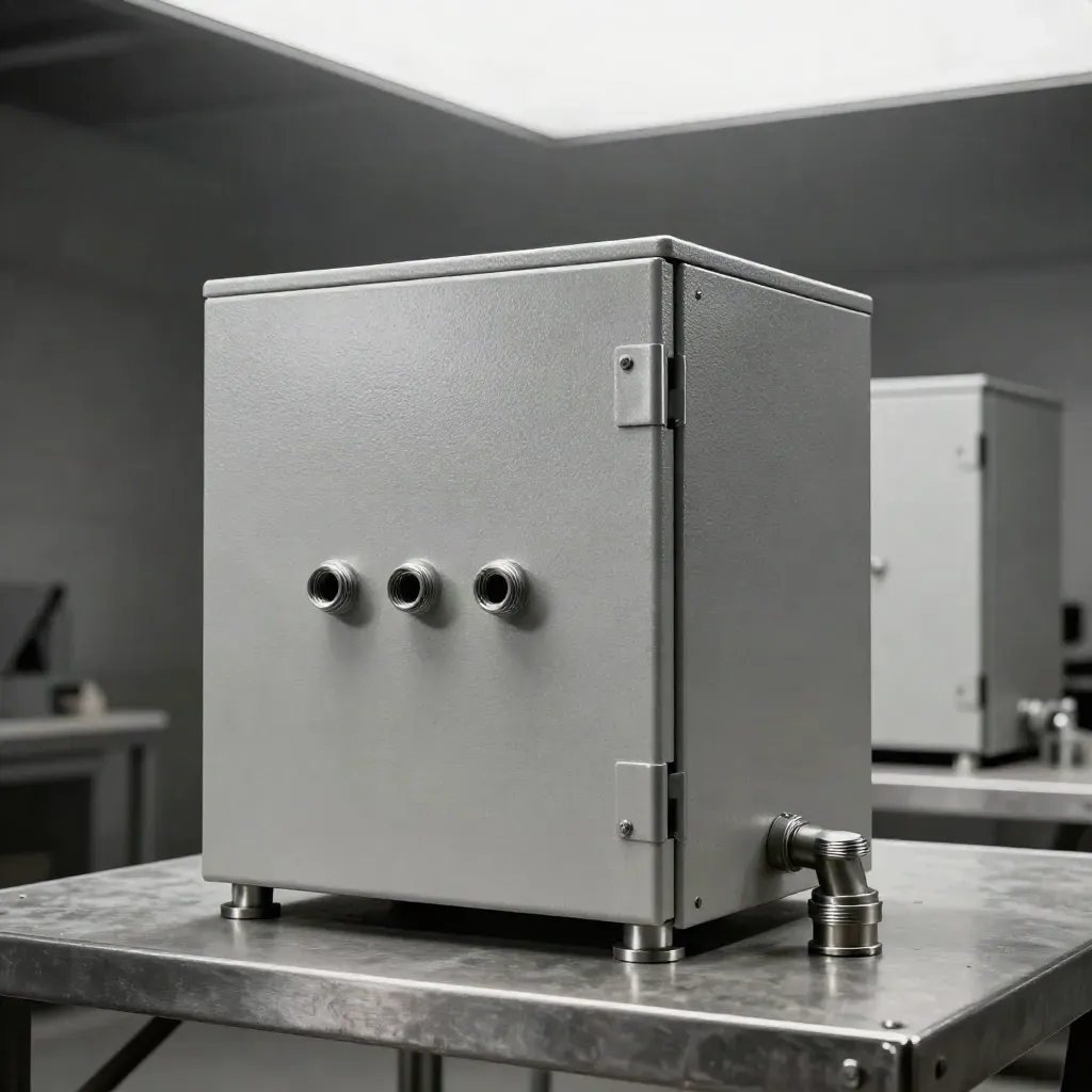 Mattschwarzes Steuergehäuse mit Dichtung und Kabeleinführungen im Industrie-Setup.