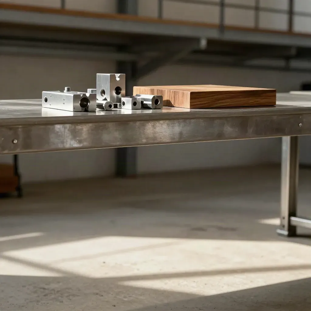 Lichtdurchflutete Industriehalle mit CNC-Teilen auf Metallpodest und ruhigem Betonboden.