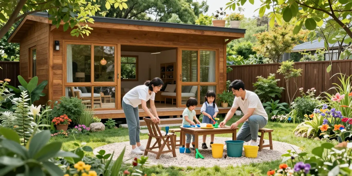 Familie genießt Zeit im Garten Haus mit bunten Blumen und modernem Holzdesign.