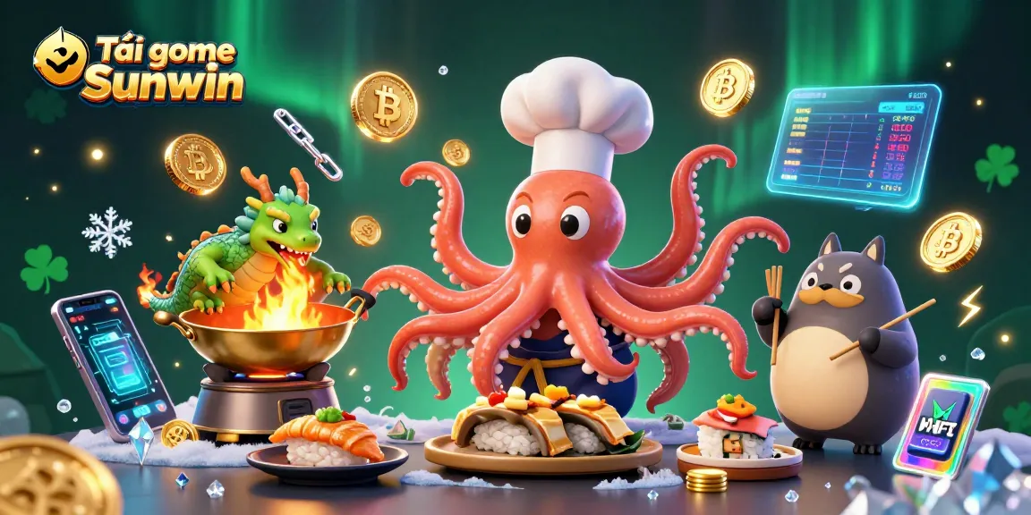 Tải game Sunwin with unique 3D characters enjoying golden dishes and dynamic crypto elements in a vibrant casino setting.