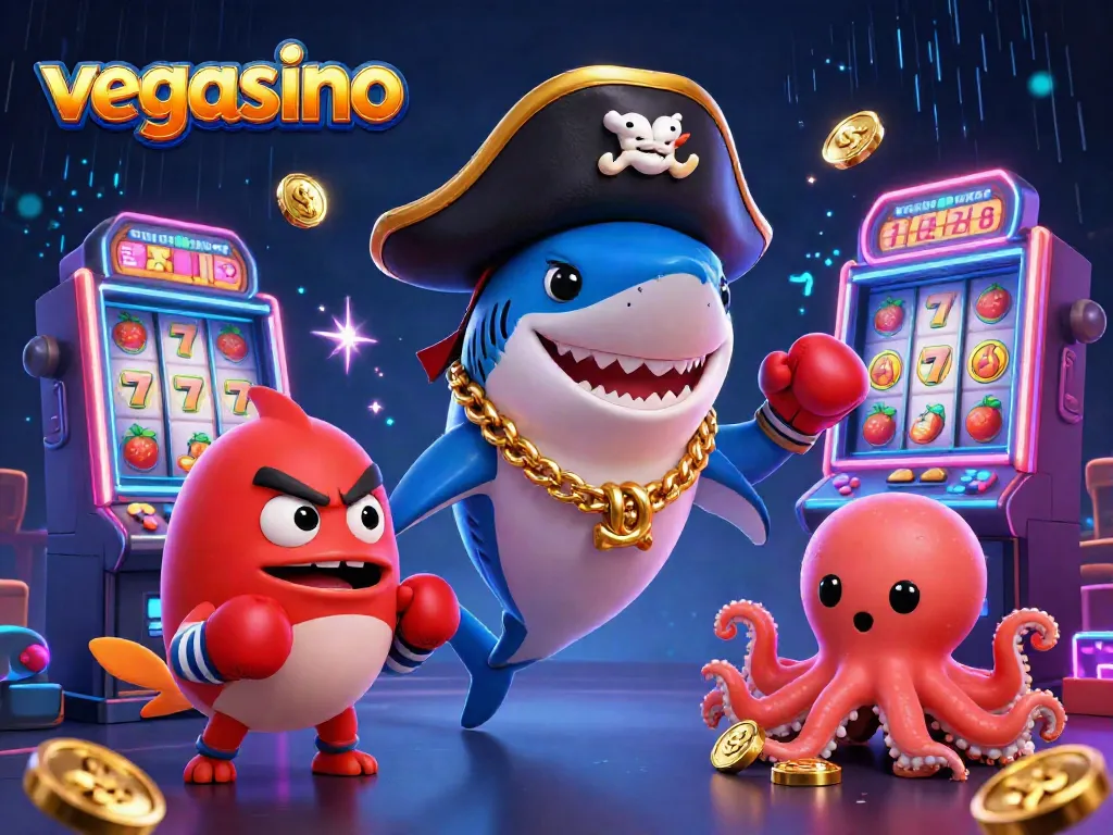 Engage with the vibrant world of vegasino featuring a pirate shark, a pufferfish, and an octopus on vibrant slot machines.