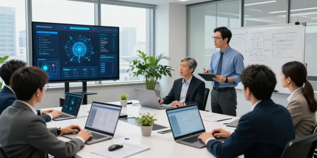 IT-Sicherheitsfirma in einem modernen Büro, Teamdiskussion über Cyber-Sicherheit mit Laptops und Monitoren.