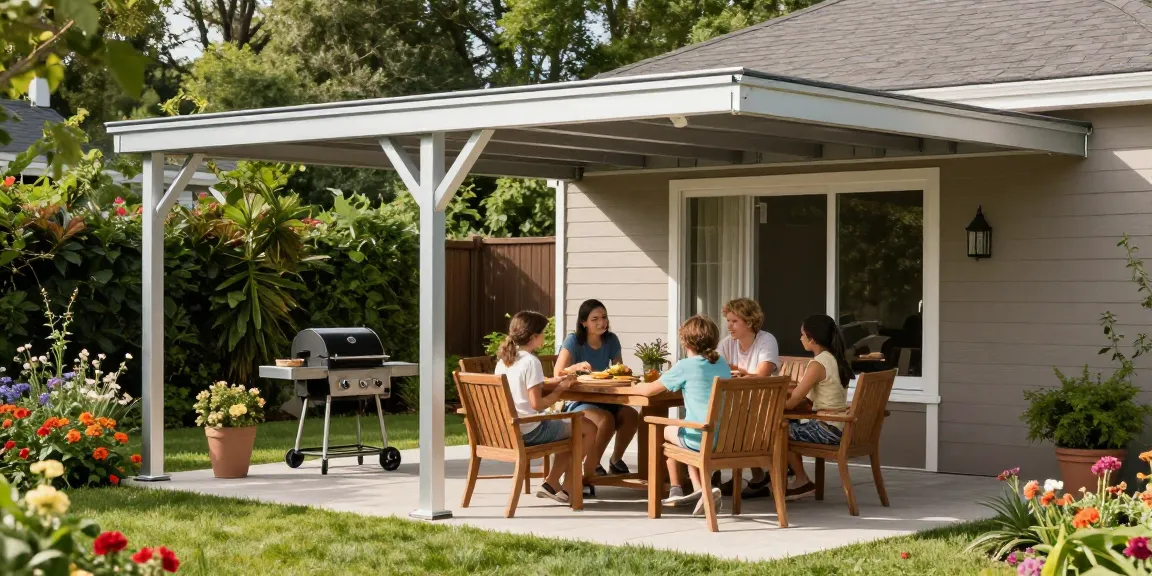 Terrassenüberdachung freistehend, stilvolles Aluminiumdach über Essbereich im Garten mit Familie und blühender Landschaft