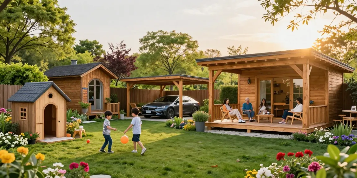 Gartenhäuser in einem einladenden Garten, umgeben von Grün und blühenden Blumen. Ideal für Familien und Freizeitaktivitäten.