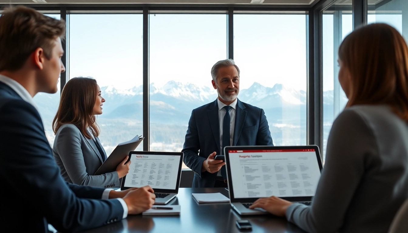 Headhunter Schweiz kommuniziert mit Klienten und zeigt Joboptionen in einem modernen Büro.