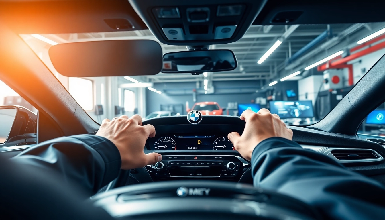 BMW Nachrüstung Installation in einem modernen Garage mit einem aktuellen Fahrzeug und hochwertigen Werkzeugen.