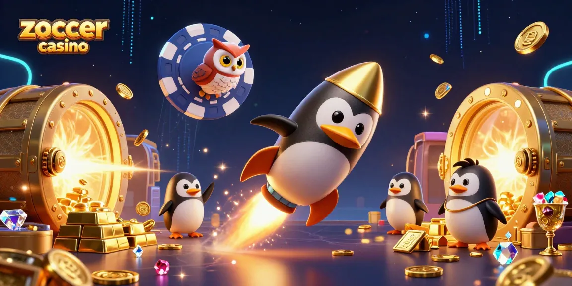 Winning at zoccer casino with treasure and animated characters in an exciting space-themed illustration.
