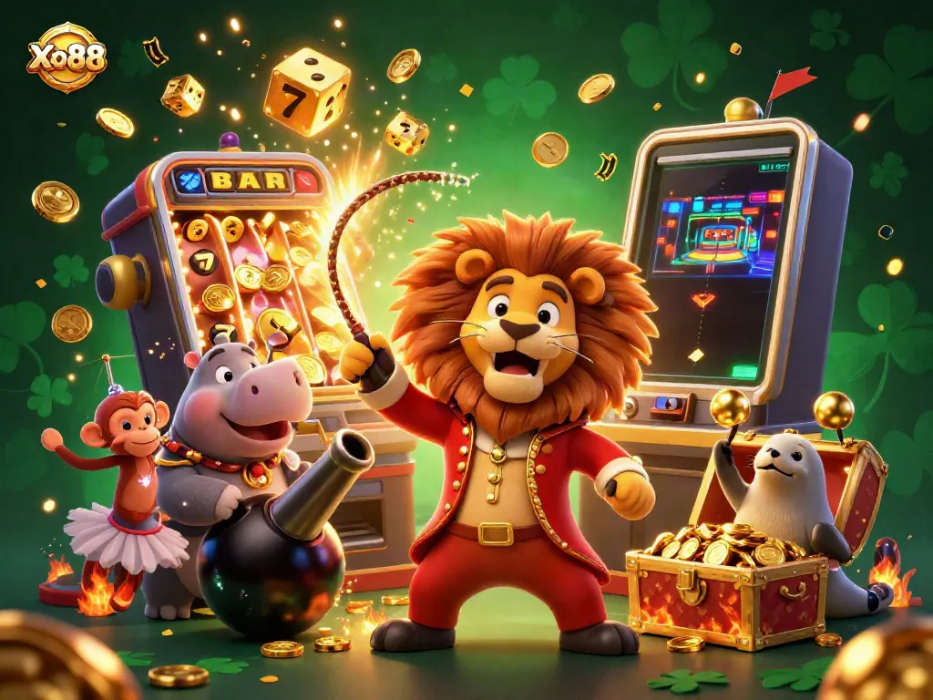 Xo88 showcases a vibrant casino scene with a circus lion, hippo, monkey, and seal amidst jackpot celebrations.