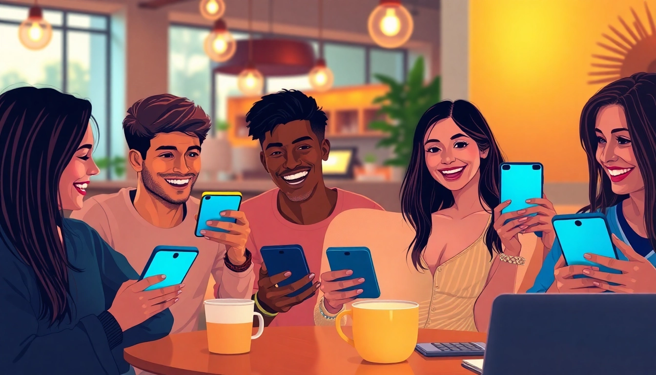 Young adults enjoying ai sexting conversations in a cozy café