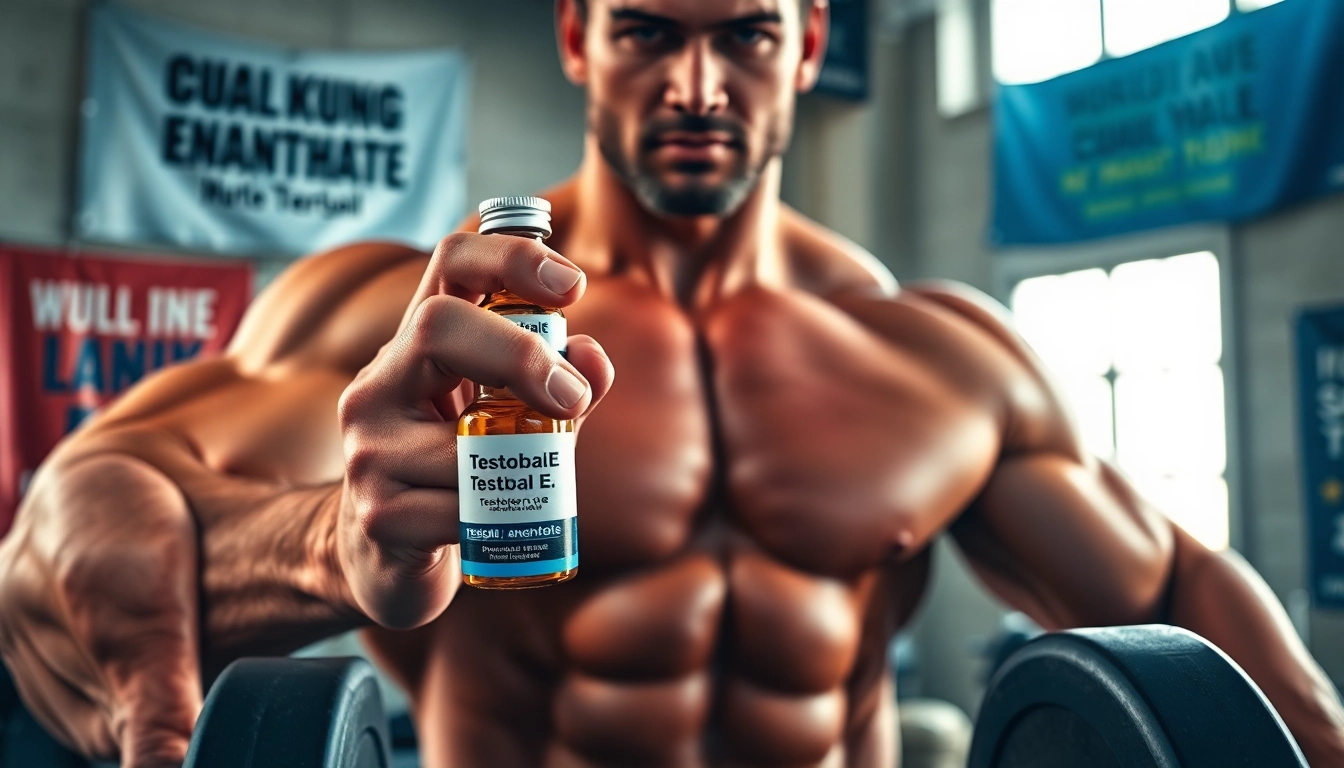 Testobal E Testosteron Enanthate, Bodybuilder demonstrating strength with a vial in a motivating gym setting.
