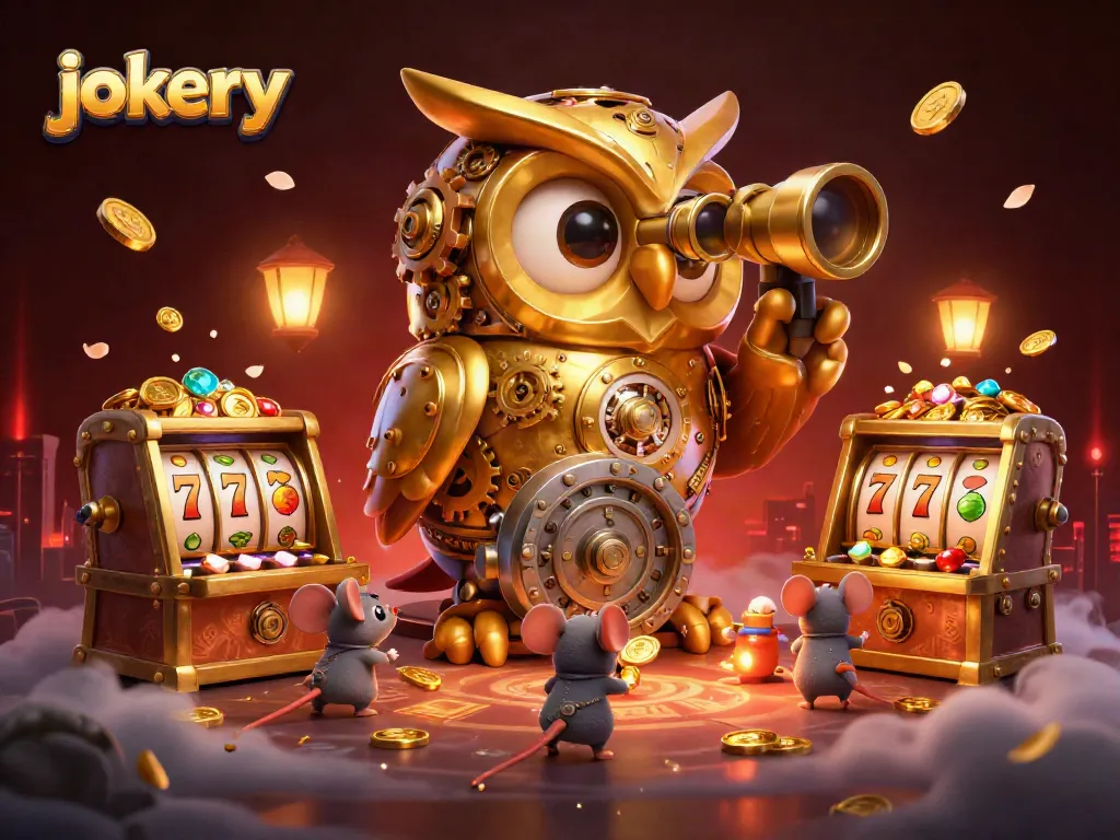 Engage in vibrant jokery casino fun with a golden owl and lively slot machines in a thrilling environment.
