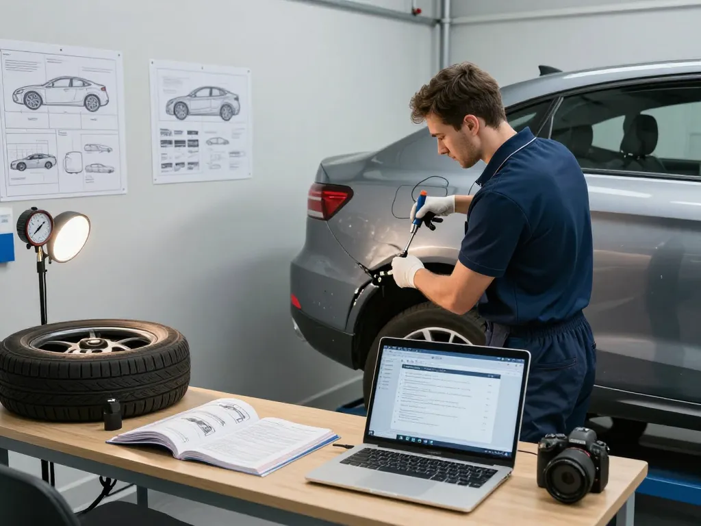 Ein kfz Gutachter inspiziert Fahrzeugschäden in einer modernen Werkstatt, die Werkzeuge und professionelle Standards zeigt